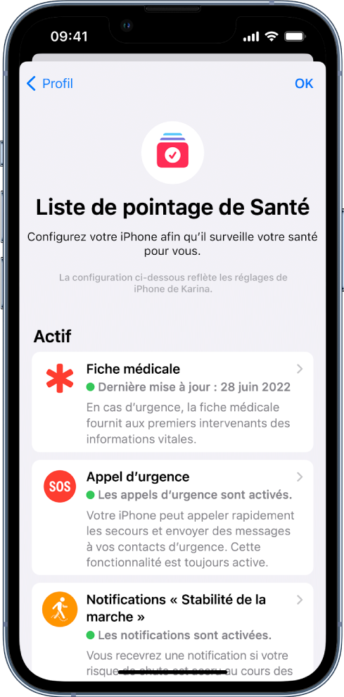 L’écran « Liste de pointage de Santé » indiquant que les fonctionnalités « Fiche médicale » et « Notifications “Stabilité de la marche” » sont actives.