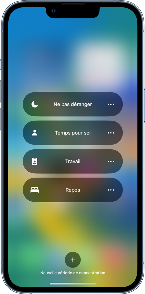 Le centre de contrôle affichant les modes de concentration, avec des boutons permettant de définir la durée de ces options.