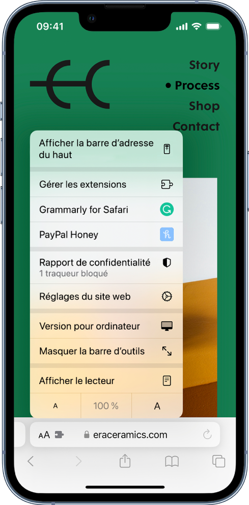 Le menu « Réglages de la page ». En haut se trouve l’option « Afficher la barre d’onglets du haut ». En dessous se trouve l’option « Gérer les extensions », suivie par les extensions installées : Honey et Grammarly pour Safari.