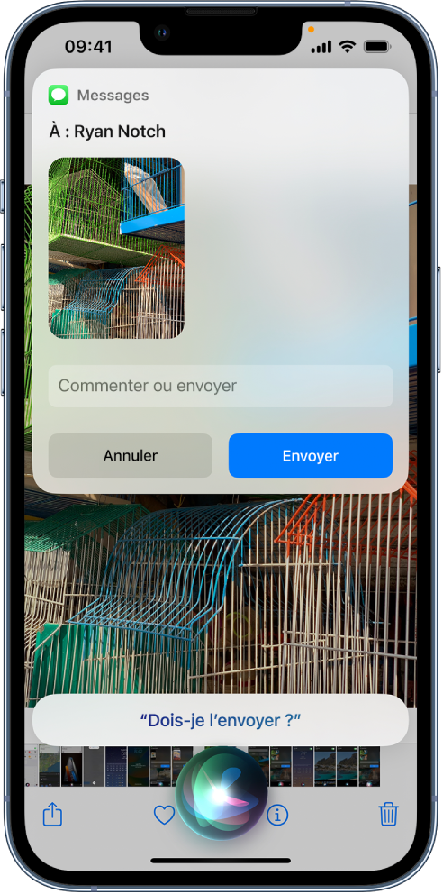 L’app Photos est ouverte et affiche une photo sur laquelle figurent quatre personnes. Dans la partie supérieure de la photo, un message est adressé à Maman. Siri apparaît au bas de l’écran.