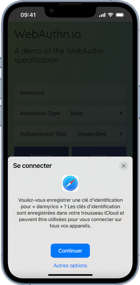 La moitié inférieure de l’écran de l’iPhone offre la possibilité d’utiliser des clés d’identification pour vous connecter à un site web. Elle comporte un bouton Continuer pour enregistrer une clé d’identification, ainsi qu’un bouton « Autres options ».