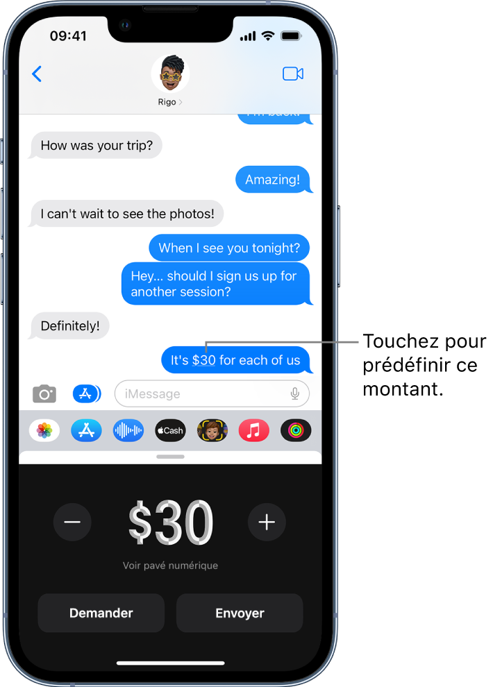 Une conversation iMessage avec Apple Pay ouvert en bas.