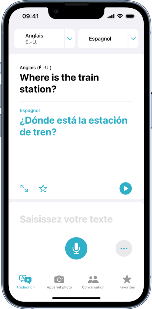 L’onglet Traduction, affichant deux sélecteurs de langue, anglais et espagnol, en haut de l’écran, une traduction au milieu et le champ « Saisir du texte » en bas.