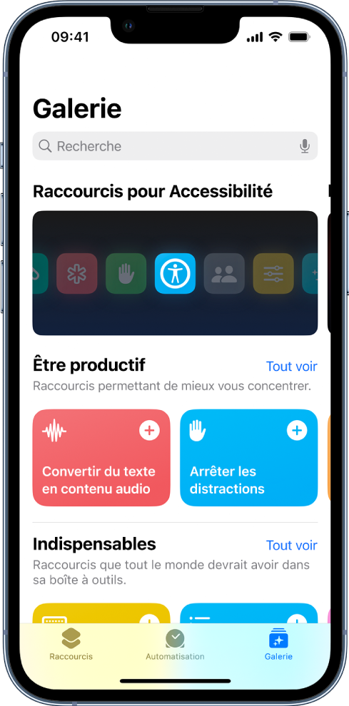 L’écran Galerie de Raccourcis, avec une liste de raccourcis. Ils permettent de réaliser des tâches quotidiennes, comme convertir du texte en contenu audio et empêcher toute distraction. En bas de l’écran se trouvent les onglets Raccourcis, Automatisation et Galerie.