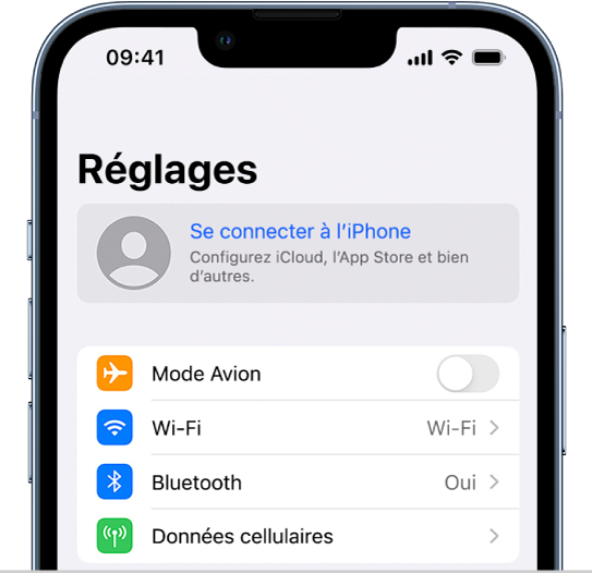 L’écran Réglages avec l’option « Se connecter à l’iPhone » sélectionnée.