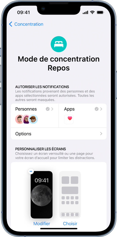 L’écran « Mode de concentration Repos » affichant trois personnes et une app autorisées à envoyer des notifications.