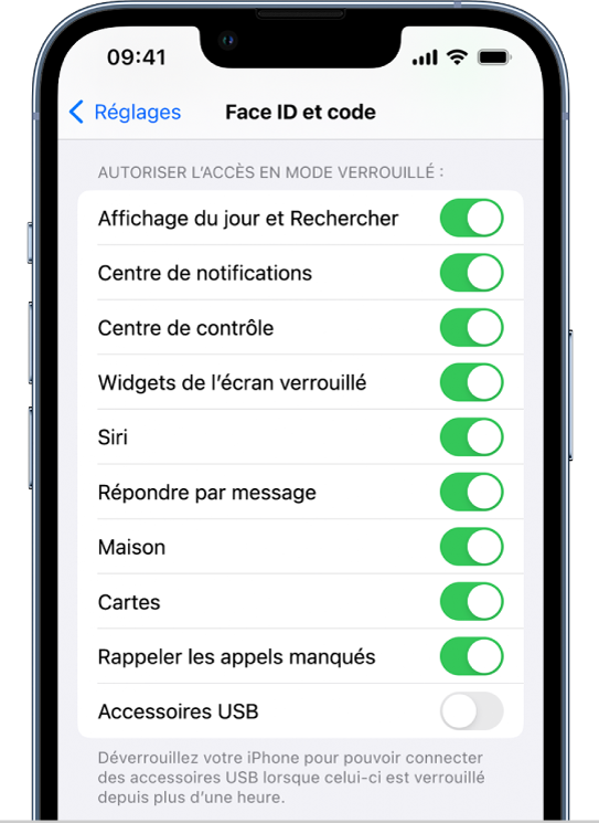 L’écran « Face ID et code », avec des réglages permettant d’accéder à des fonctionnalités spécifiques lorsque l’iPhone est verrouillé.