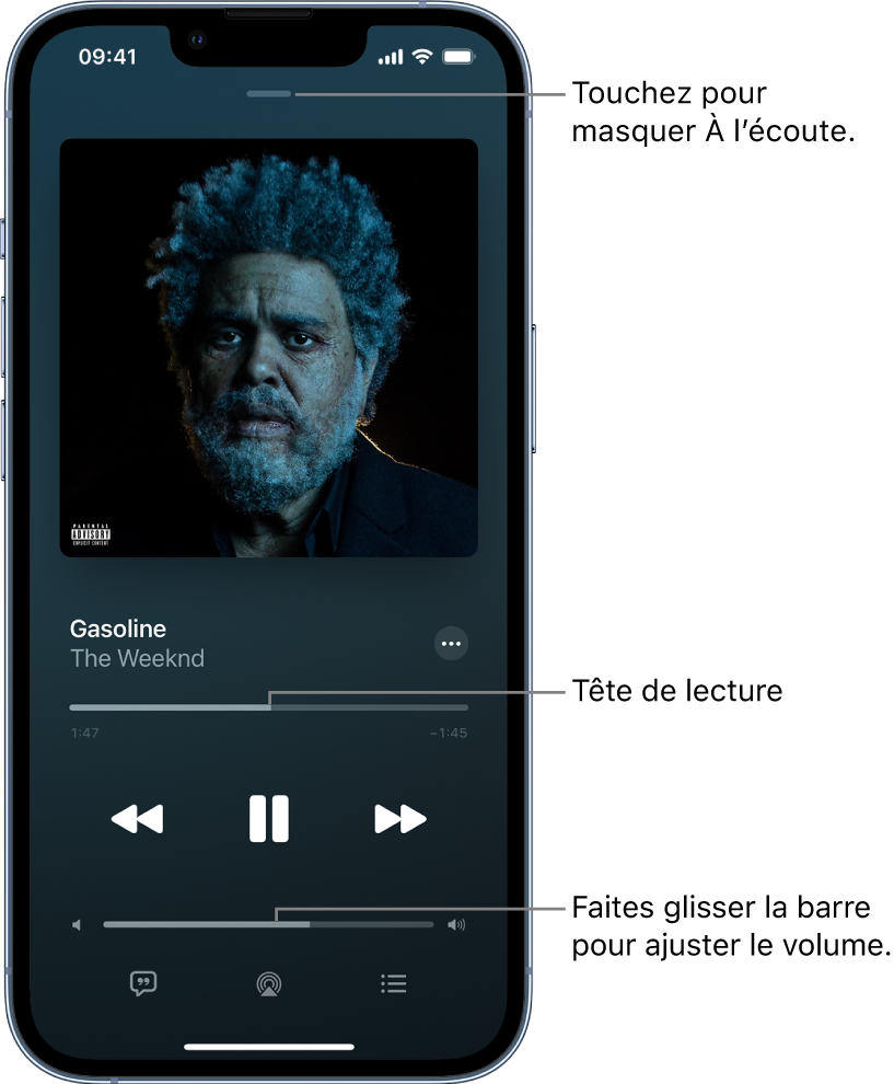 L’écran À l’écoute avec l’illustration de l’album. En dessous se trouvent le titre du morceau, le nom de l’artiste, le bouton Plus, la tête de lecture, les commandes de lecture, le curseur de volume, le bouton Paroles, le bouton « Destination pour la lecture » et le bouton « File d’attente ». Le bouton pour masquer À l’écoute se trouve en haut.