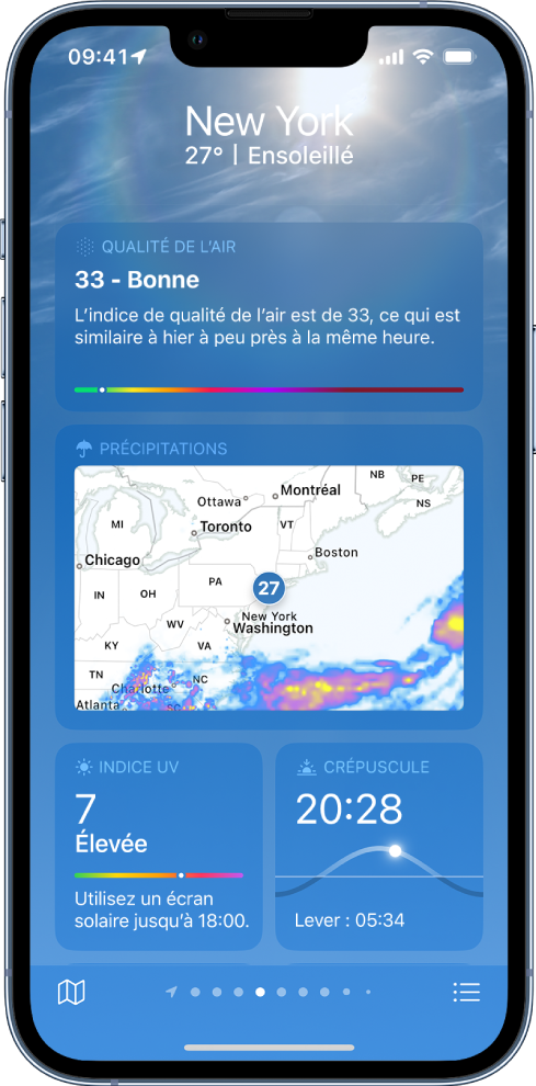 L’écran Météo affichant la position en haut, ainsi que la température et les conditions météo actuelles. Sous l’écran figurent les informations météorologiques des éléments suivants : la qualité de l’air, les précipitations, l’indice UV et l’heure de coucher du soleil.