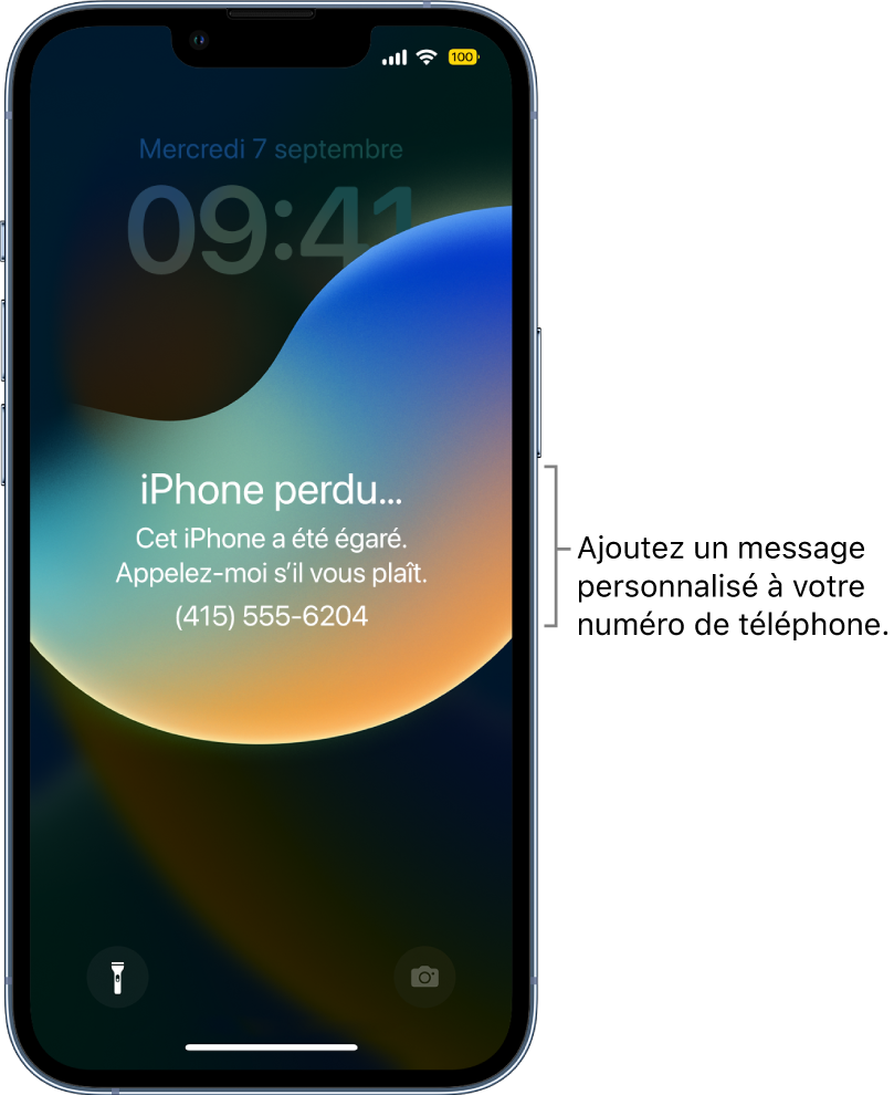 Écran verrouillé d’un iPhone avec le message suivant : « iPhone perdu. Cet iPhone a été égaré. Appelez-moi s’il vous plaît. 06 09 00 11 20. » Vous pouvez ajouter un message personnalisé avec votre numéro de téléphone.