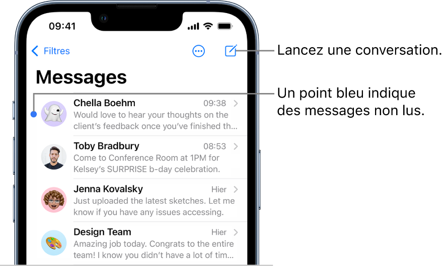 La liste Messages, avec le bouton Rédiger en haut à droite. Un point bleu à gauche d’un message indique que celui-ci n’a pas été lu.