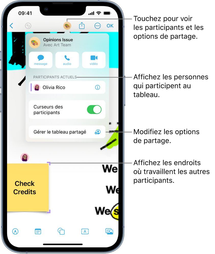 Un tableau partagé avec le menu de collaboration visible.