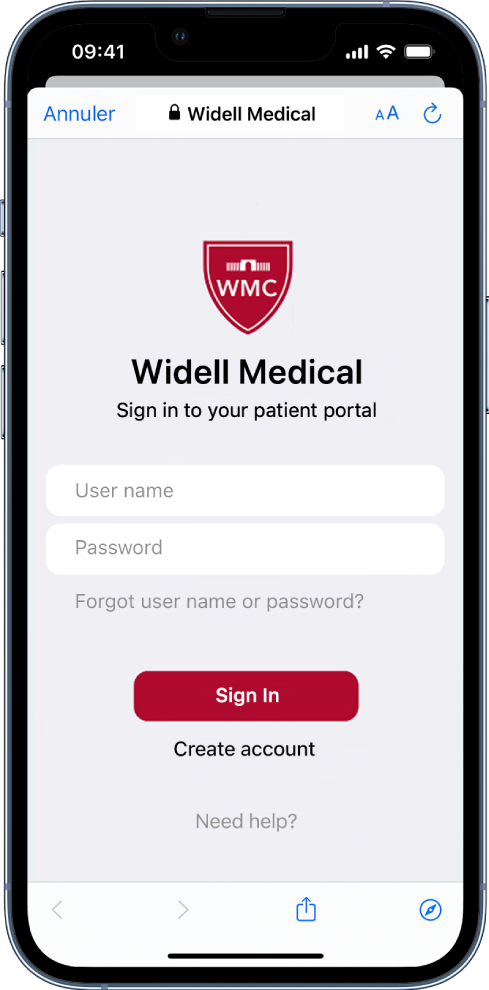 L’écran de connexion d’un patient pour un établissement de santé sur l’iPhone.