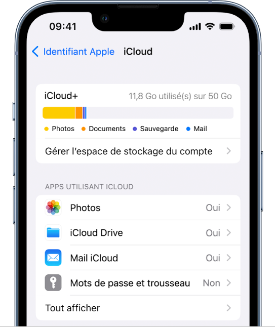 L’écran des réglages iCloud montrant l’indicateur d’espace de stockage d’iCloud et une liste d’apps et de fonctionnalités pouvant être utilisées avec iCloud, notamment Photos, iCloud Drive et Mail iCloud.
