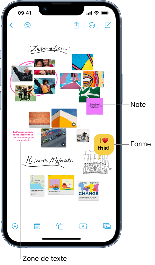 Un tableau Freeform avec des dessins, des zones de texte, des vidéos, des photos, des notes et plus encore.