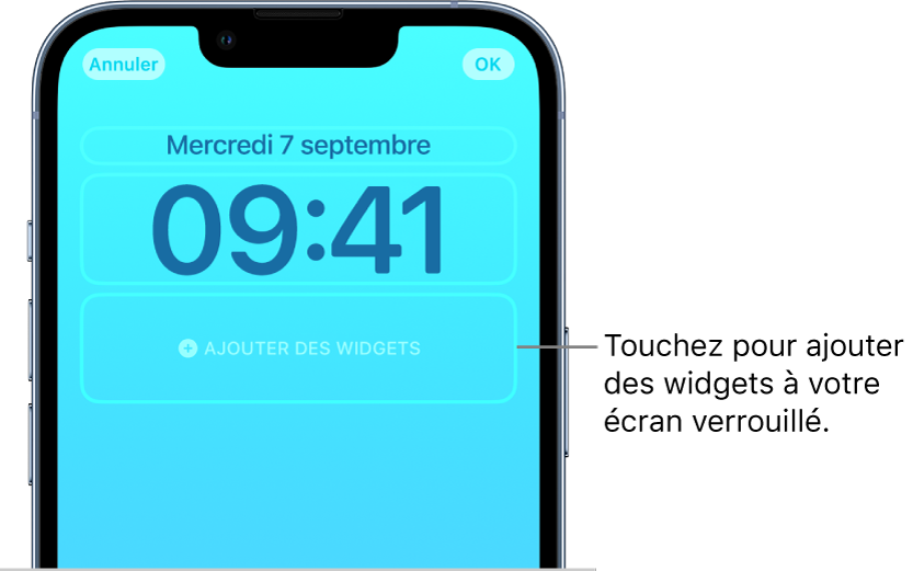 Un écran verrouillé personnalisé en cours de création. Des éléments pouvant être personnalisés sont sélectionnés : la date, l’heure et un bouton permettant d’ajouter des widgets.