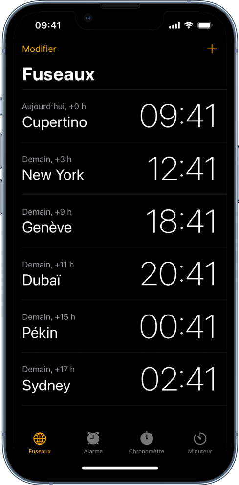 L’onglet Horloges, affichant l’heure dans différentes villes. Le bouton Modifier, qui se trouve dans le coin supérieur gauche, permet de réorganiser des horloges ou de les supprimer. Le bouton Ajouter, qui se trouve dans le coin supérieur droit, permet d’ajouter des horloges. Les boutons Horloges, Alarme, Chronomètre et Minuteur se trouvent en bas de l’écran.