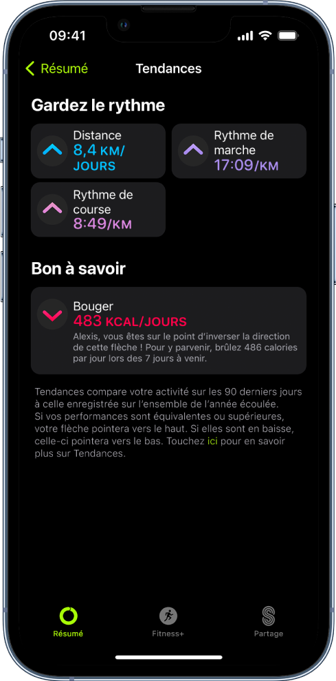 L’écran des tendances Forme, avec des mesures sur la distance, le rythme de marche, le rythme de course et les calories en activité brûlées.