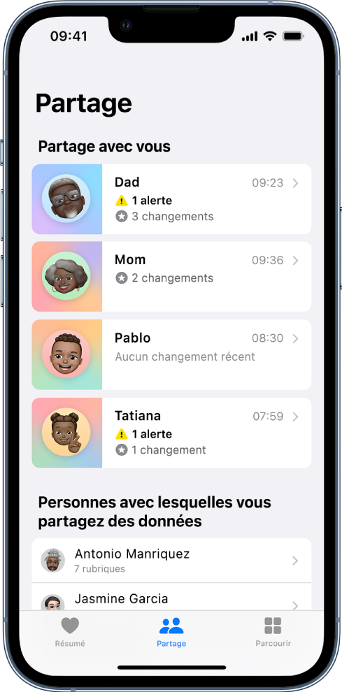 L’écran Partage de l’app Santé. Au milieu de l’écran, de haut en bas, se trouve une liste de contacts « Partage avec vous » comprenant des informations comme « Alerte », « change » et « Aucun changement récent ». En dessous, se trouve une liste de contacts avec lesquels vous partagez des données. Sous chaque contact se trouve le nombre de sujets partagés avec ce contact. En bas de l’écran, les boutons suivants sont affichés, de gauche à droite : Résumé, Partage et Parcourir. Le bouton Partage est sélectionné.