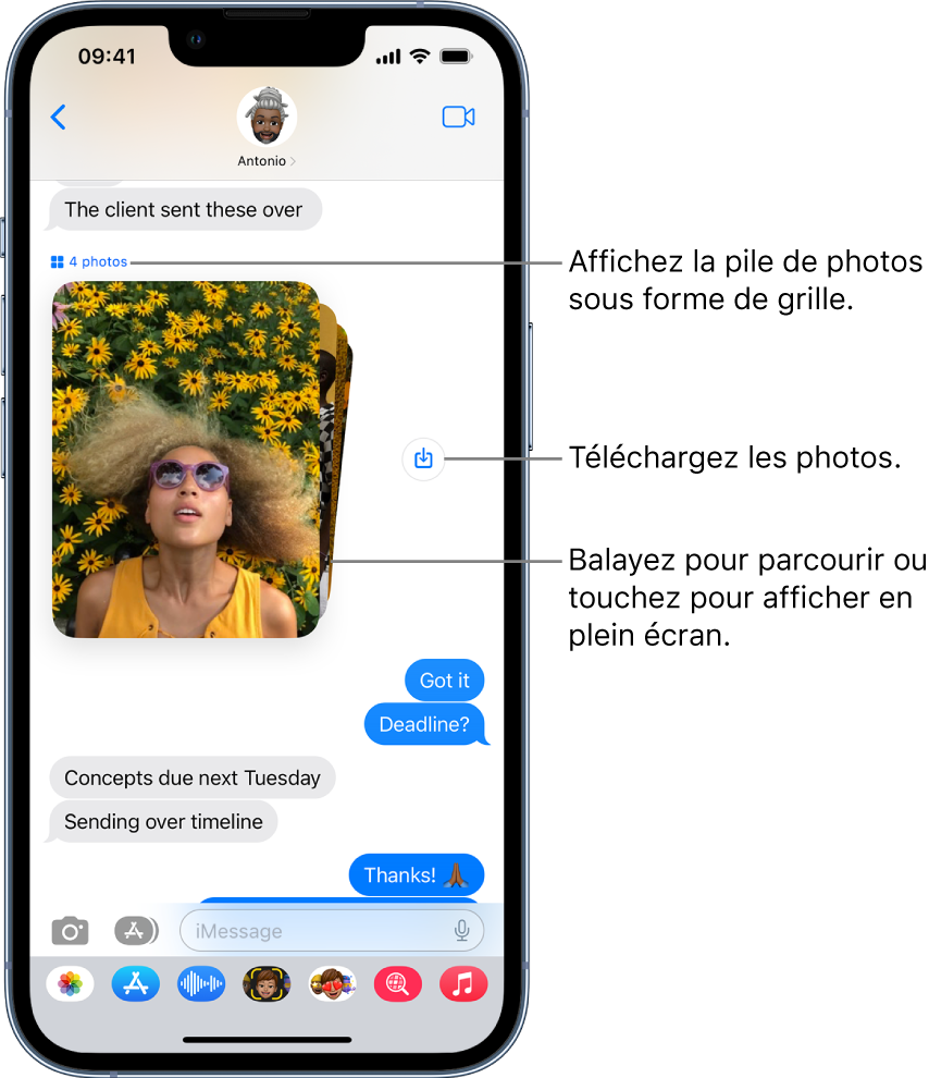 Une conversation dans Messages, avec une collection de photos de personnes et de fleurs, en regard d’un bouton Enregistrer.