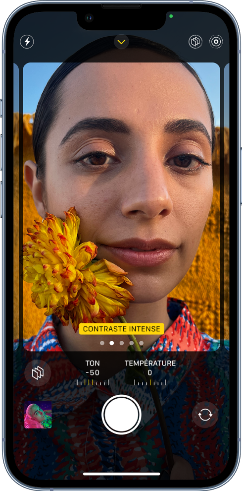 L’appareil photo est ouvert et l’écran affiche l’écran des styles photographiques. Le bouton Flash est situé dans le coin supérieur gauche de l’écran. Le bouton « Commandes de l’appareil photo » se trouve dans la partie supérieure centrale de l’écran et est activé. Les boutons « Live Photo » et « Styles photographiques » se trouvent dans le coin supérieur droit. Remplissant l’écran de l’appareil photo, le style « Contraste intense » est sur le cadre de la caméra. Sous le cadre de l’appareil photo se trouvent le bouton Styles, les curseurs permettant d’ajuster les valeurs Ton et Température, ainsi que le bouton de réinitialisation des styles. En bas de l’écran, de gauche à droite, se trouvent le bouton « Visualiseur de photos et vidéos », le bouton « Prendre une photo » et le bouton « Sélecteur de caméra - face arrière ».