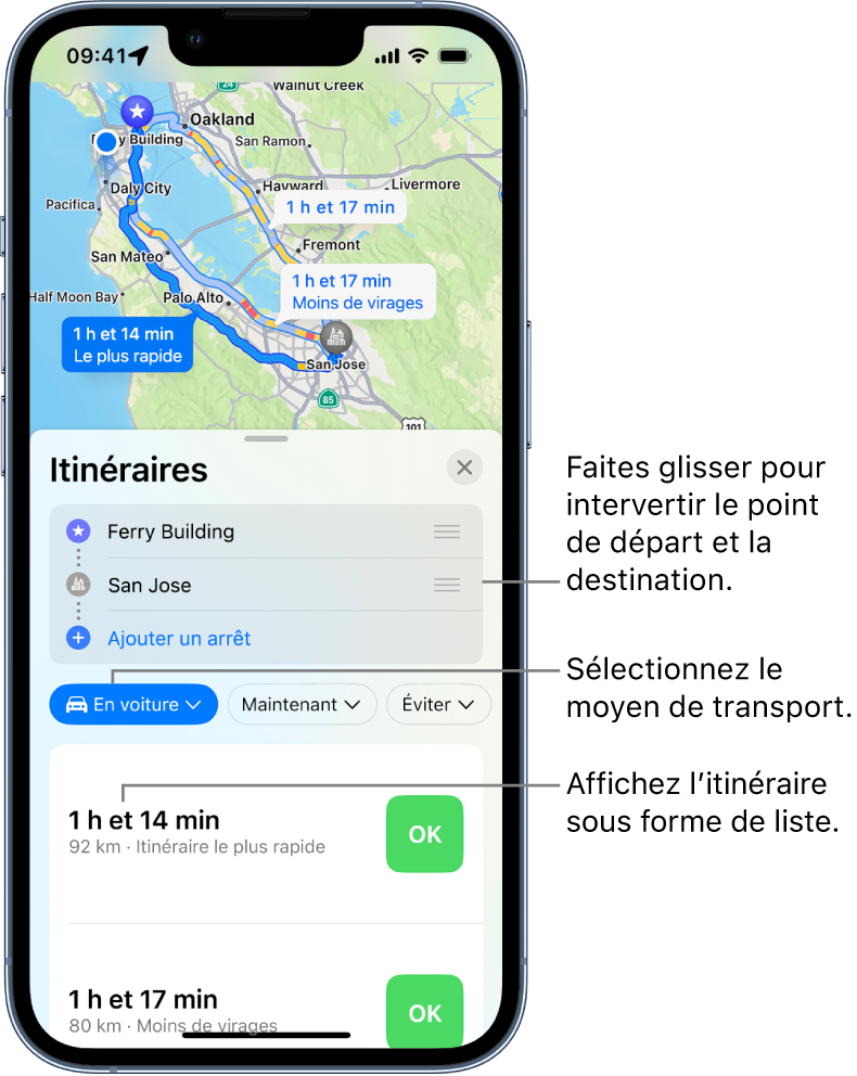 Un plan affichant plusieurs itinéraires en voiture entre deux lieux, avec des options permettant d’intervertir le point de départ avec la destination, de choisir d’autres modes de transport et de consulter les instructions sous la forme d’une liste.