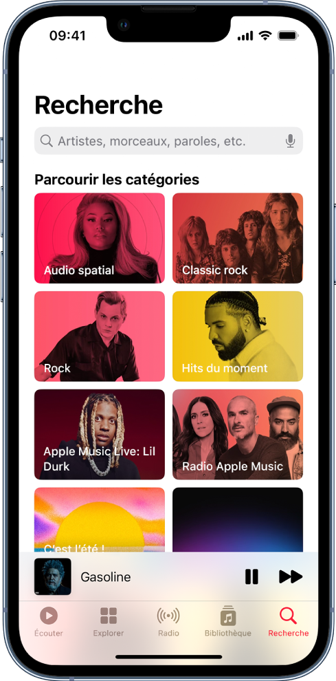 L’écran Rechercher, avec le champ de recherche en haut. La section « Parcourir les catégories » en dessous affiche huit catégories.