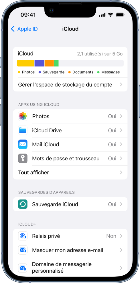 Écran des réglages iCloud montrant l’indicateur d’espace de stockage d’iCloud et une liste d’apps et de fonctionnalités, notamment Photos et Mail, pouvant être utilisées avec iCloud.