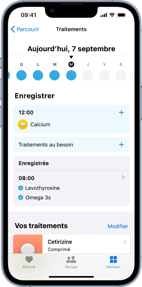 L’écran Traitements dans Santé, avec une chronologie et un journal des traitements.