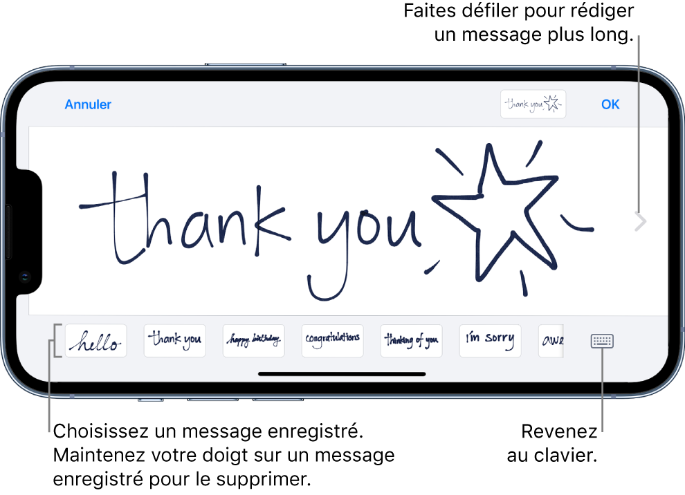 Le canevas permettant de rédiger un message manuscrit. En bas et de gauche à droite sont présents des messages enregistrés et le bouton Afficher le clavier.