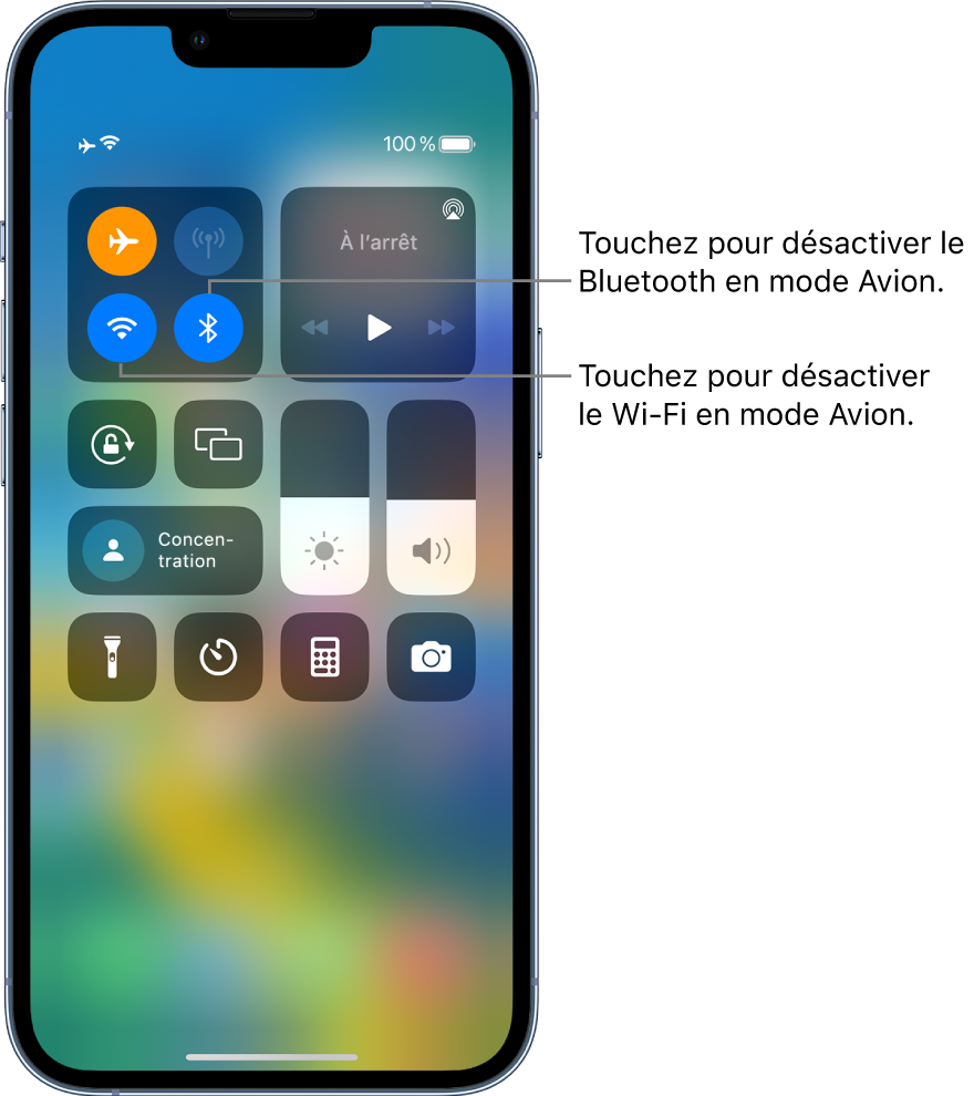 Centre de contrôle avec le mode Avion activé. Dans le groupe de commandes en haut à gauche se trouvent le bouton Wi-Fi (en bas à gauche) et le bouton Bluetooth (en bas à droite).