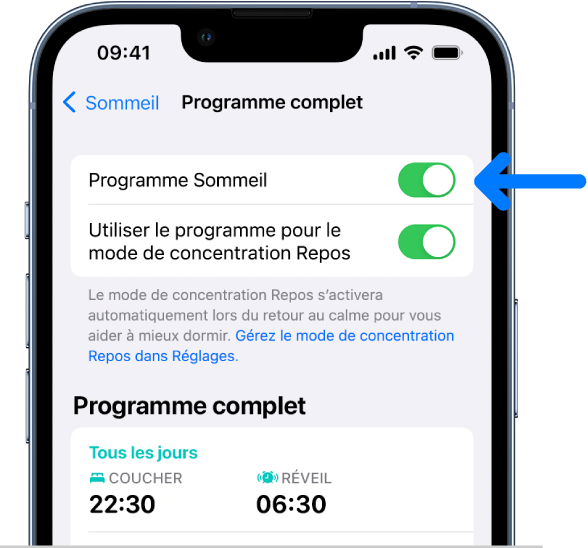 L’écran « Programme complet » avec l’option « Programme Sommeil » activée en haut.