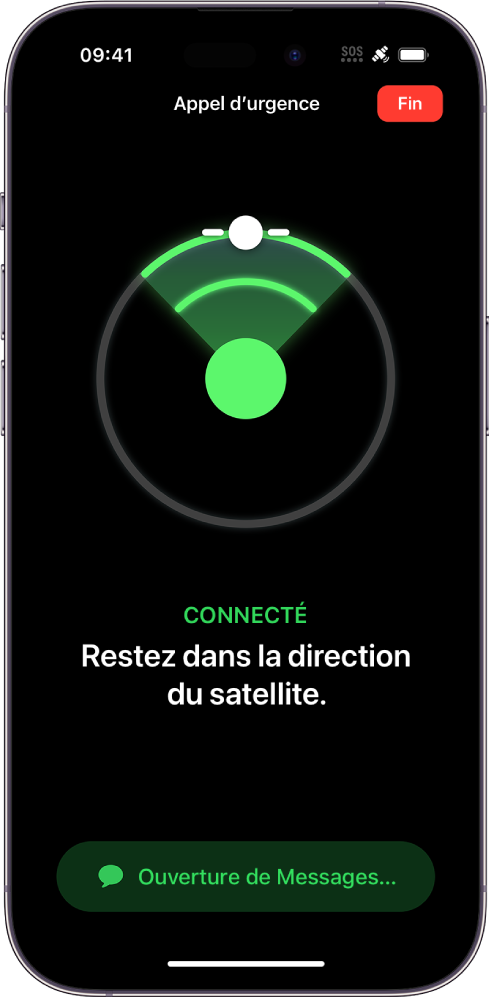 Un écran d’Appel d’urgence présentant une illustration indiquant à l’utilisateur d’orienter son iPhone vers un satellite. En dessous se trouve une notification qui dit Ouverture de Messages.