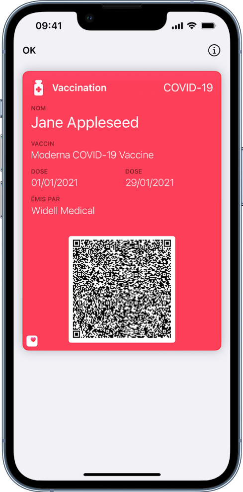 Une carte de vaccination dans l’app Cartes.