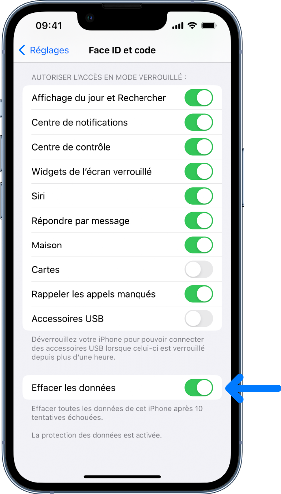 La commande « Effacer les données » située en bas de l’écran « Face ID et code » dans Réglages.