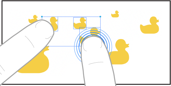 Une illustration présentant deux doigts sélectionnant des éléments dans Freeform.