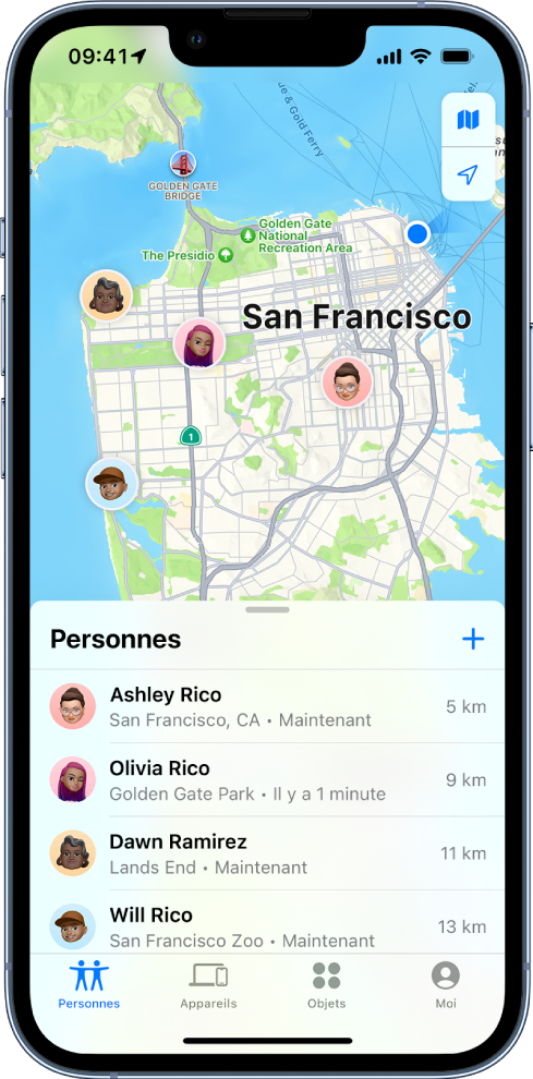 L’écran Localiser avec la liste Personnes et la position de ces personnes sur un plan de San Francisco.