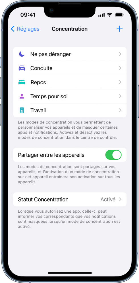 Un écran affichant cinq modes de concentration fournis : « Ne pas déranger », Conduite, « Temps pour soi », Repos et Travail. Le bouton « Partage entre les appareils » vous permet d’utiliser les mêmes réglages Concentration sur tous vos appareils Apple sur lesquels vous êtes connecté avec le même identifiant Apple.