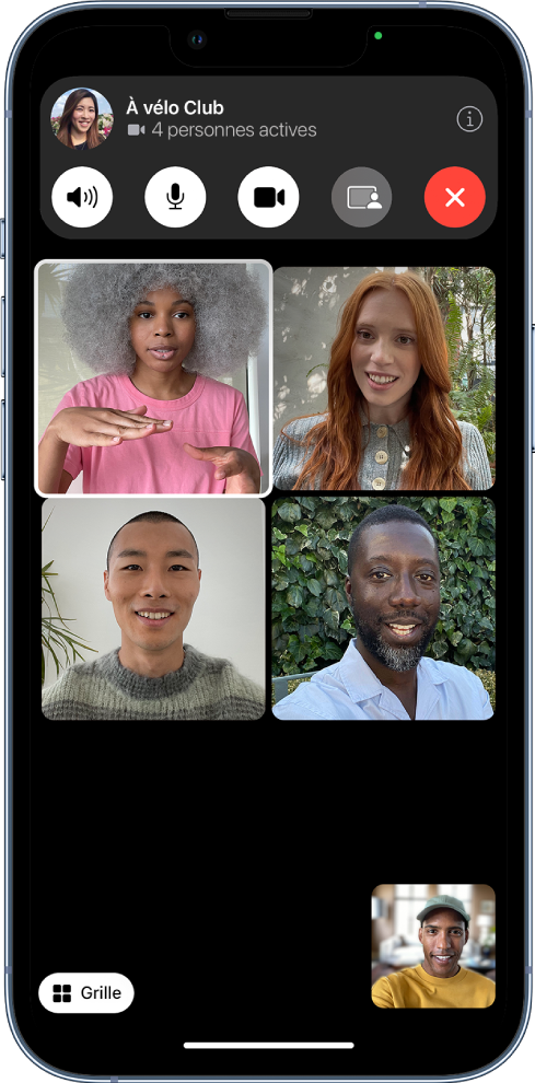 Un appel FaceTime en groupe avec cinq participants ; chaque participant apparaît dans une vignette distincte.