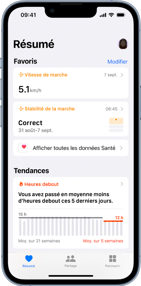 L’écran Résumé avec les options « Vitesse de marche » et « Stabilité de la marche » sous Favoris, et « Heures debout » sous Tendances.