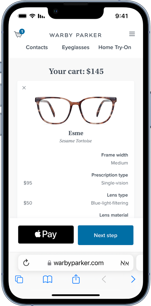 עמוד מוצר באינטרנט למשקפיים, שמציג כפתור של Apple Pay למטה מימין.