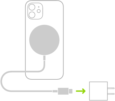 איור המראה קצה אחד של מטען MagSafe המחובר לצדו האחורי של iPhone כאשר הקצה השני מחובר למתאם חשמל.