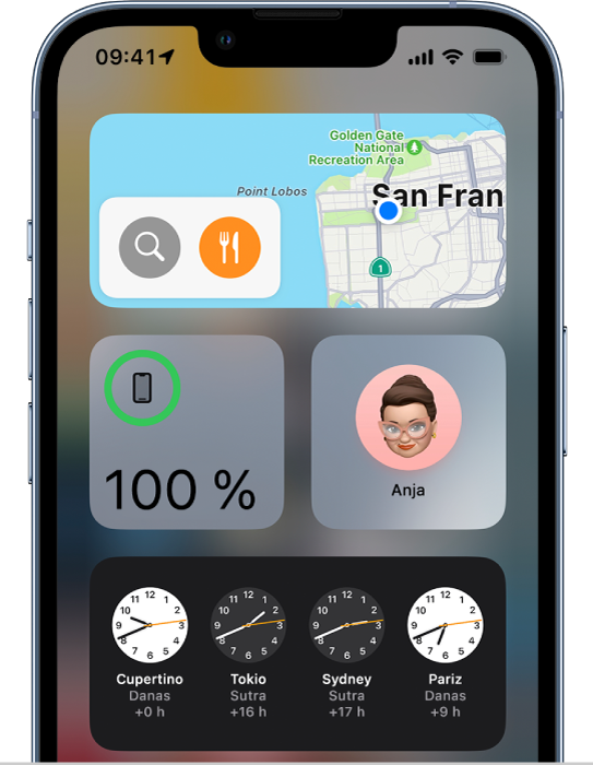 Widget Karte i drugi widgeti na zaslonu iPhonea.