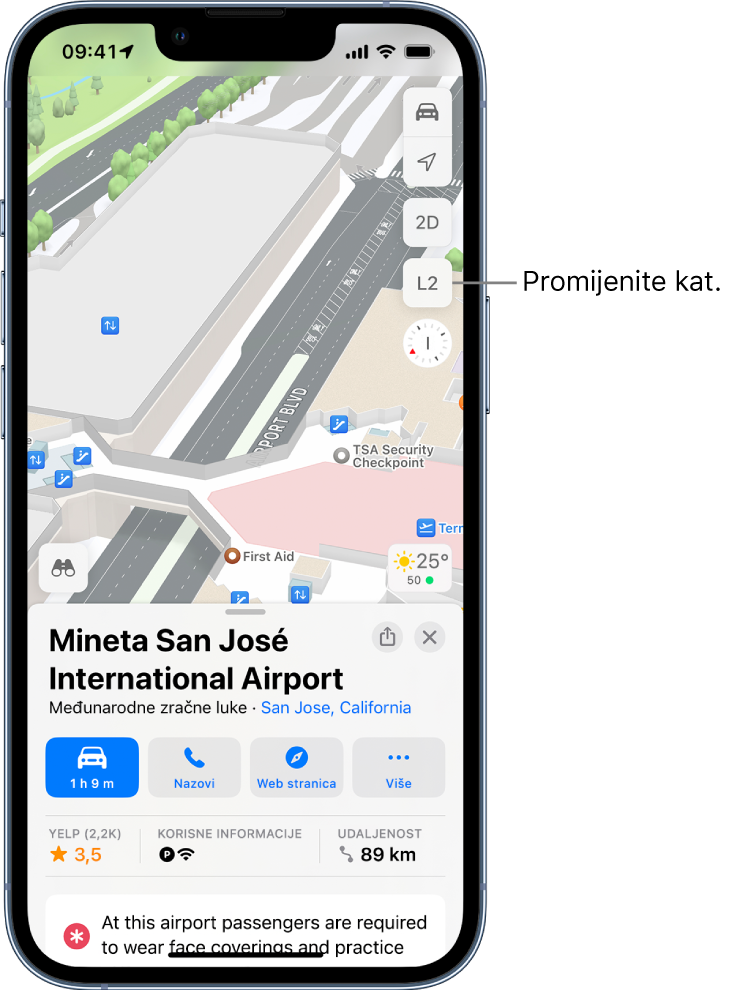 Karta unutrašnjosti terminala zračne luke. Na karti se prikazuju sigurnosne točke, pomične trake, dizala i prva pomoć.