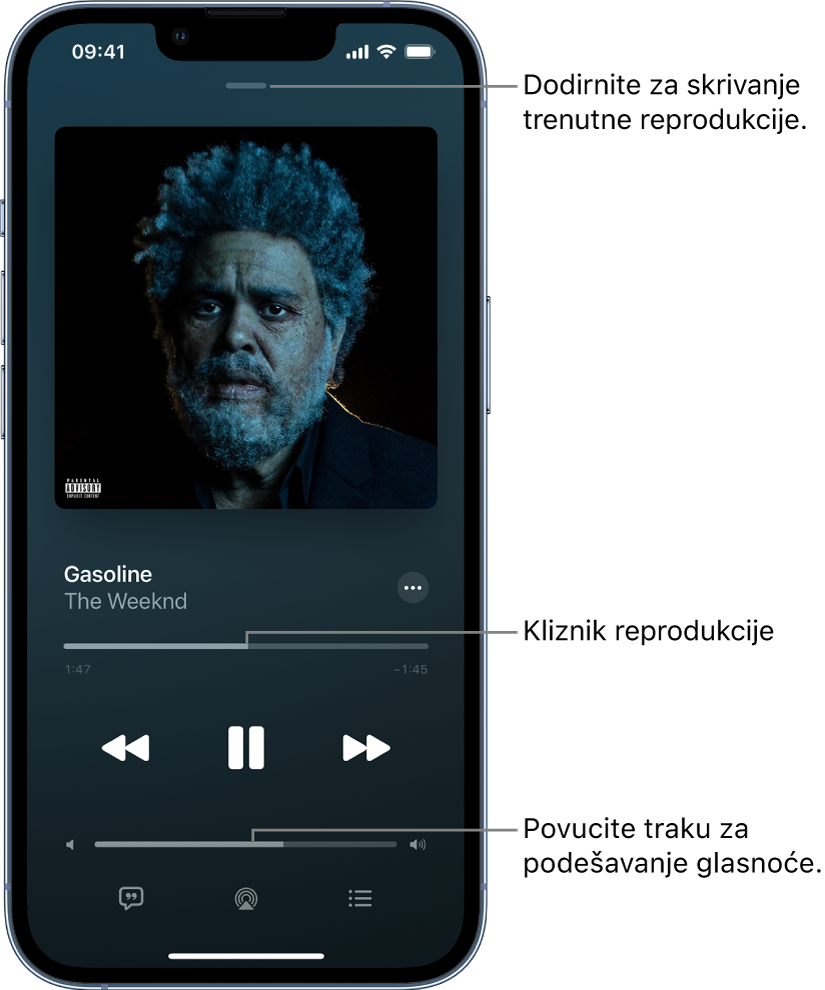 Na zaslonu sa Izvodi se prikazuje se omot albuma. Ispod se nalaze naslov pjesme, naziv izvođača, tipka Više, tipka za reprodukciju, kontrole za reprodukciju, kliznik za glasnoću, tipka Stihovi, tipka Odredište reprodukcije i tipka Red. Tipka Sakrij Izvodi se nalazi se na vrhu zaslona.