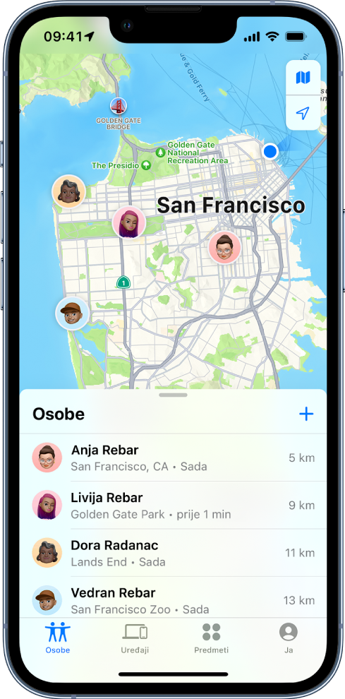 Zaslon Pronalaženje prikazuje popis osoba i njihove lokacije na karti San Francisca.