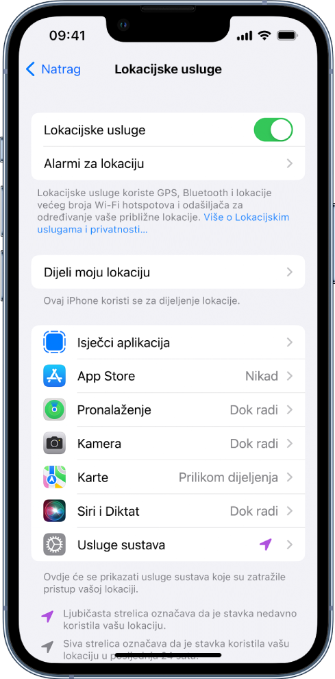 Zaslon Lokacijske usluge, s postavkama za dijeljenje lokacije vašeg iPhonea, uključujući prilagođene postavke za pojedinačne aplikacije.