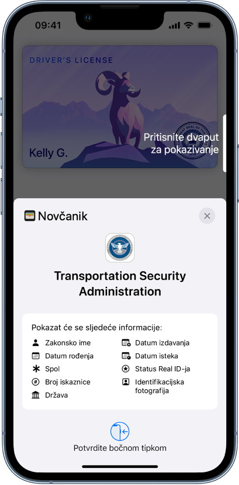 Na zaslonu se prikazuju informacije koje traži TSA, uključujući zakonsko ime, datum rođenja, broj osobne iskaznice, fotografiju s osobne iskaznice i ostalo.
