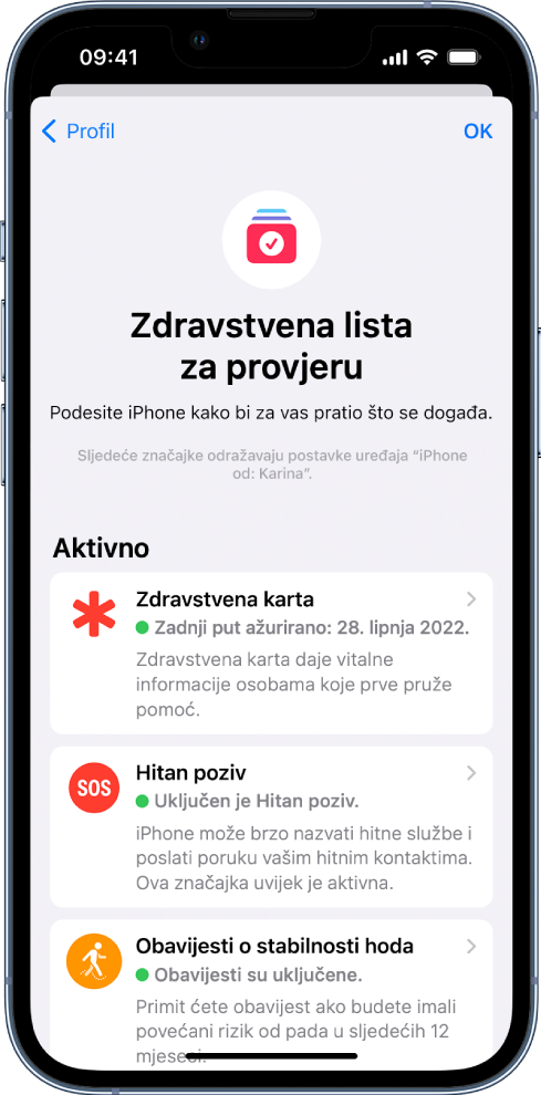 Zaslon Zdravstvena lista za provjeru prikazuje da su Zdravstvena karta i Obavijesti o stabilnosti hoda aktivne.