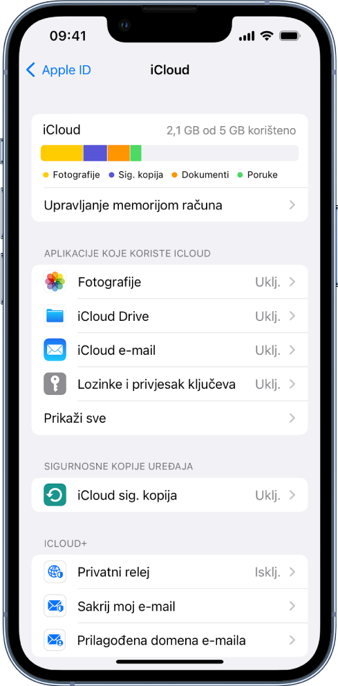 Na zaslonu postavki za iCloud prikazuje se mjerač kapaciteta iClouda i popis aplikacija i značajki, uključujući Mail, Kontakti i Poruke, koji se mogu upotrebljavati uz iCloud.